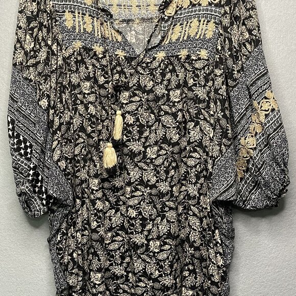 Rachel Roy Womens Boho Blouse Top With Tassels Floral Print Black & Beige S - Picture 2 of 7